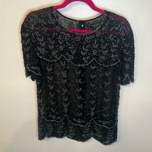 Cote D' Azur Evening Vintage Womens Beaded 100% Silk Sheer Blouse Large Black